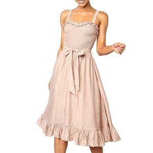 Blu Ivy Smocked Ruffle Midi Dress Beige Latte Cottagecore Bohemian Summer Beach